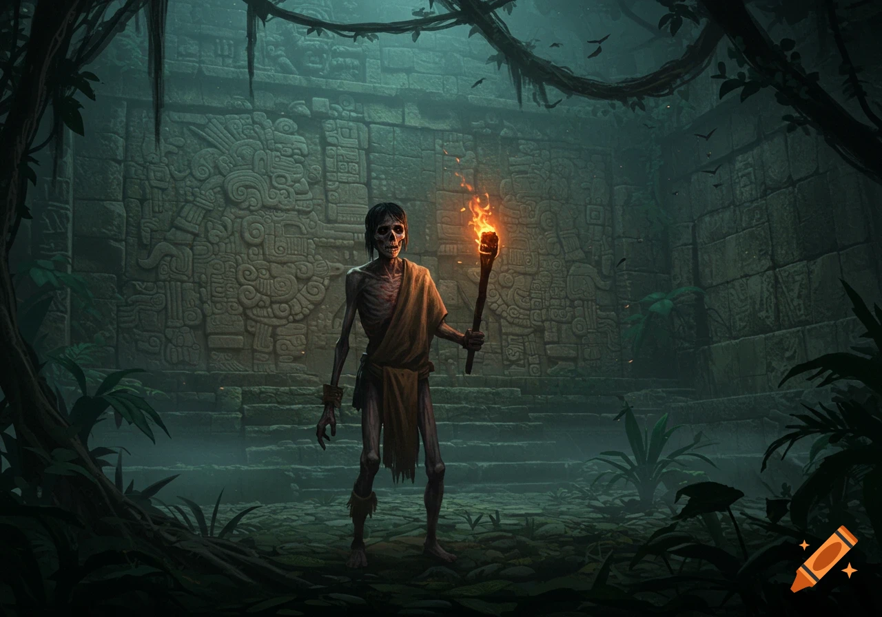 A gaunt, skeletal figure holding a flaming torch stands in a misty, overgrown ancient temple ruin.