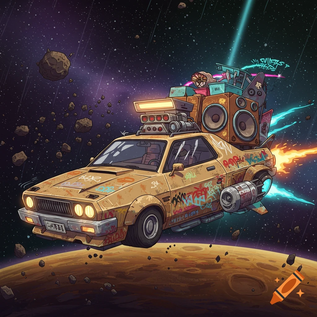 A tan, rusty, graffiti-covered retro-futuristic car-spaceship with large speakers on its back, flying through space over a planet amidst asteroids.
