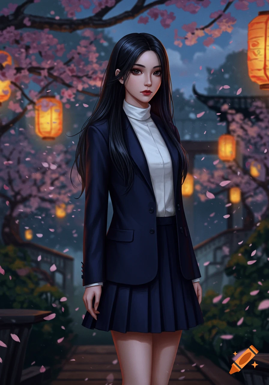 A young woman with long black hair, wearing a white turtleneck and dark blue suit and pleated skirt, stands among falling cherry blossoms and glowing lanterns at night in an anime style.