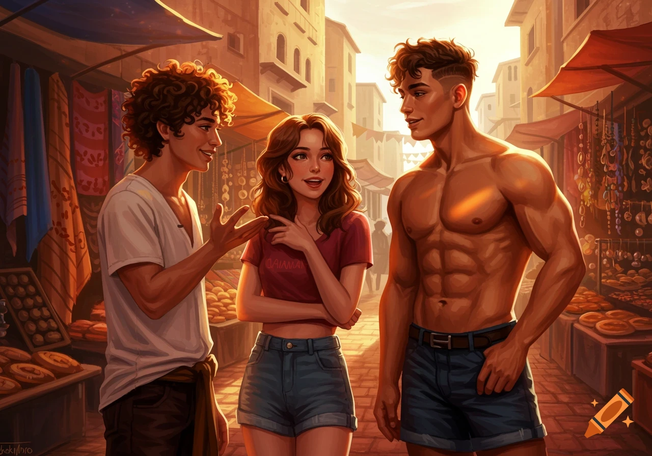 Digital art illustration of three young people, two men and one woman, talking and flirting in a bustling outdoor market at sunset. One man has curly hair, another is muscular and shirtless.