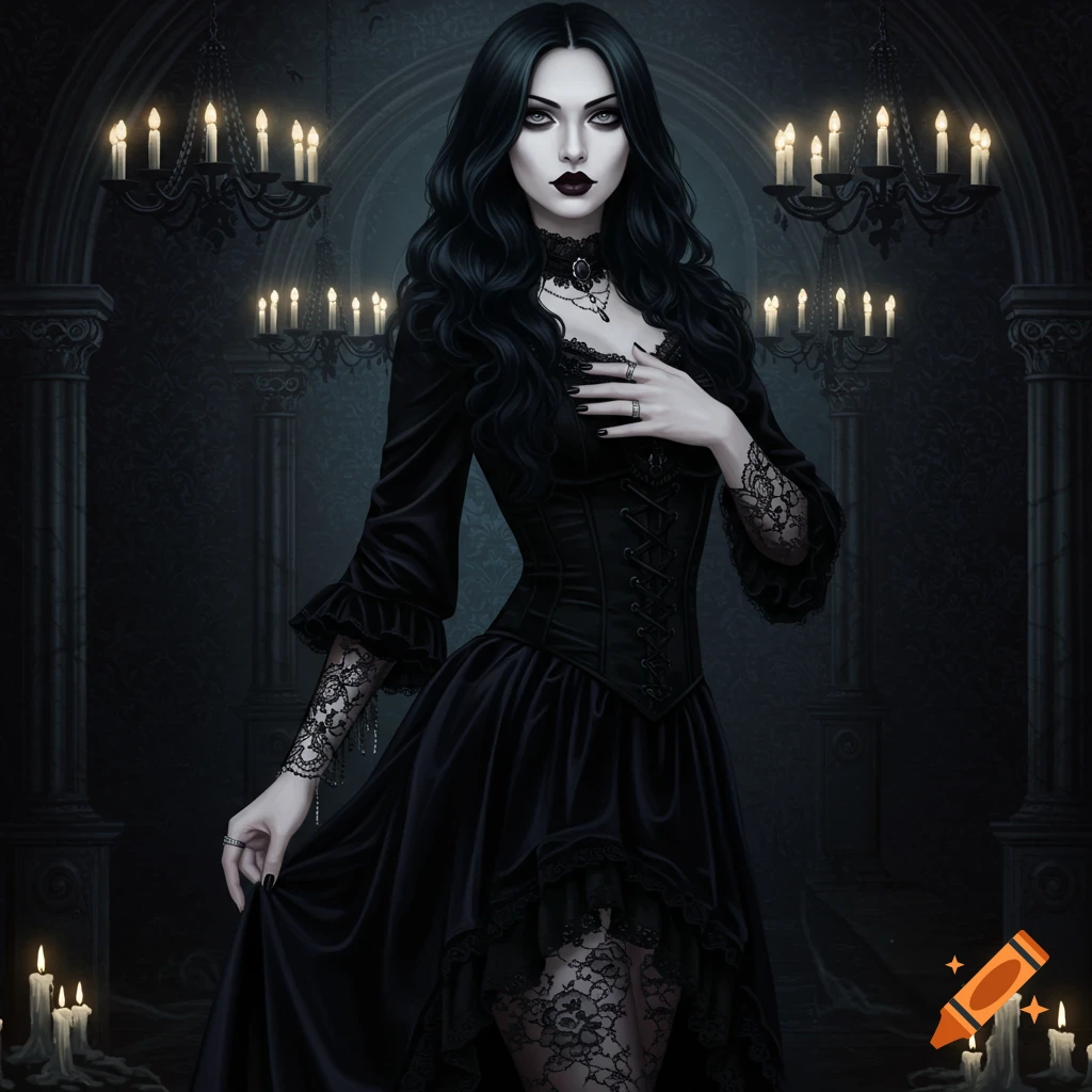 A gothic woman with long black hair, pale skin, and dark makeup, wearing a black lace and velvet dress, stands in a dark, candlelit room.