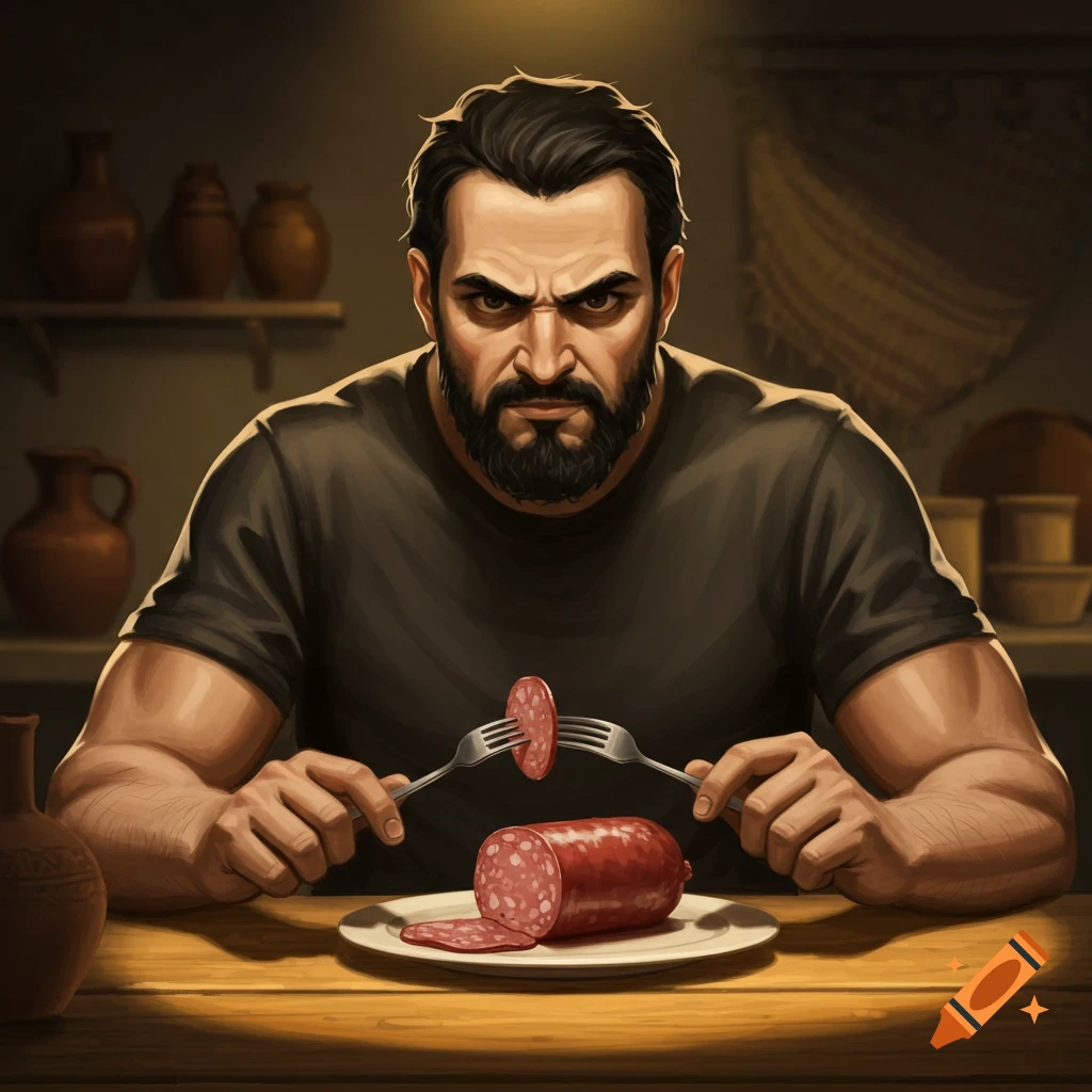 Intensely looking bearded man eating bologna with a fork and knife at a wooden table, stylized illustration.