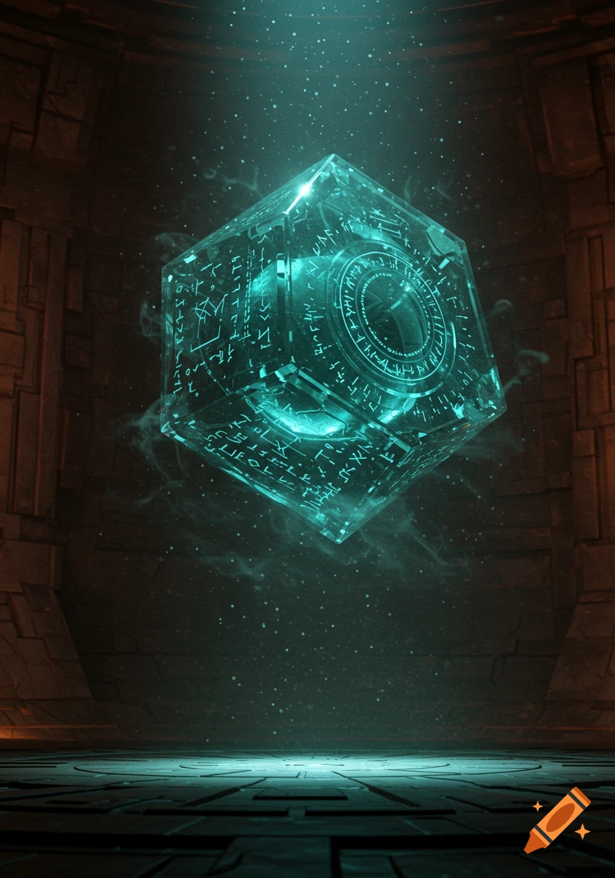 A glowing blue sci-fi cube, a holocron with intricate symbols, floats in a dark chamber, emitting light and smoke.