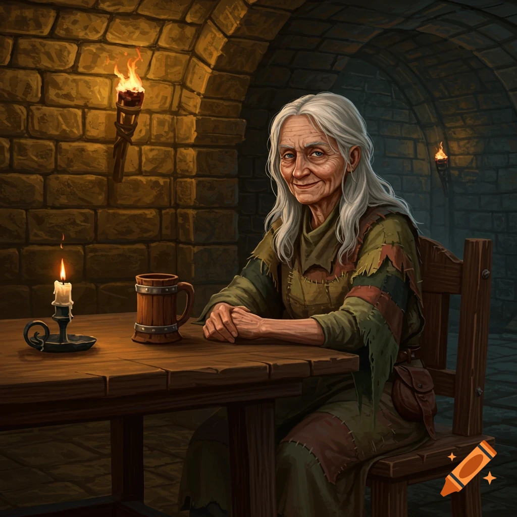 An old woman with long gray hair sits at a wooden table in a dimly lit medieval dungeon, illuminated by a candle and torches.