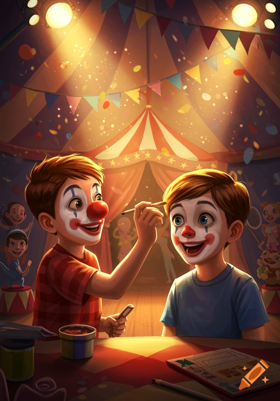 An illustrated image of two boys, one with a clown nose and face paint, painting the other's face white at a circus.