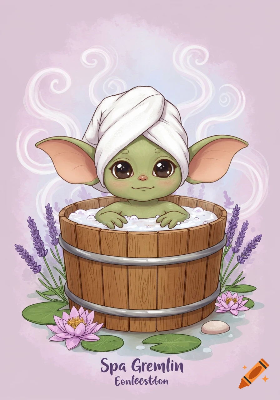 A cute cartoon green gremlin-like creature with a white towel on its head bathes in a wooden tub with bubbles, surrounded by lavender and water lilies. The text "Spa Gremlin" appears below.
