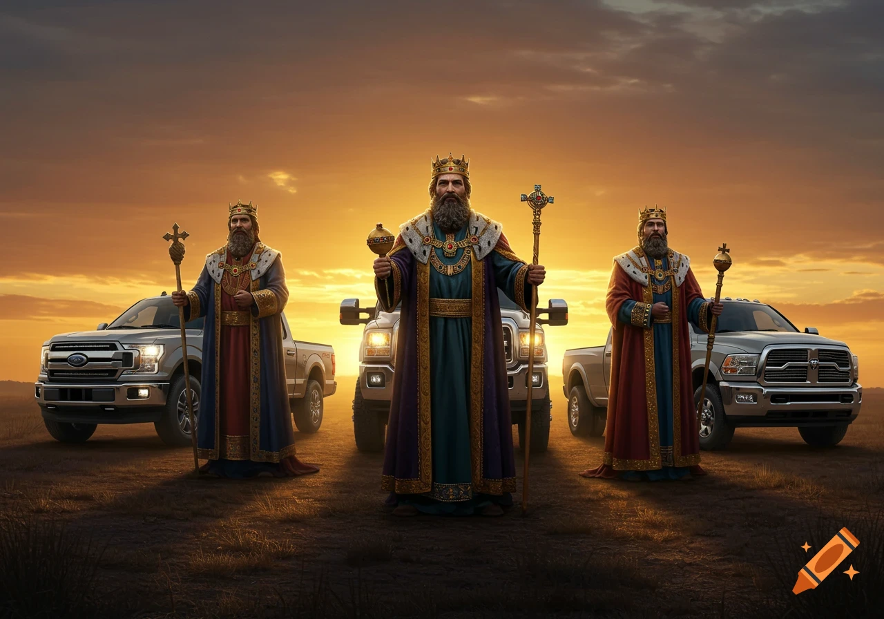 Three kings in royal robes stand in front of pickup trucks during a vibrant sunset.