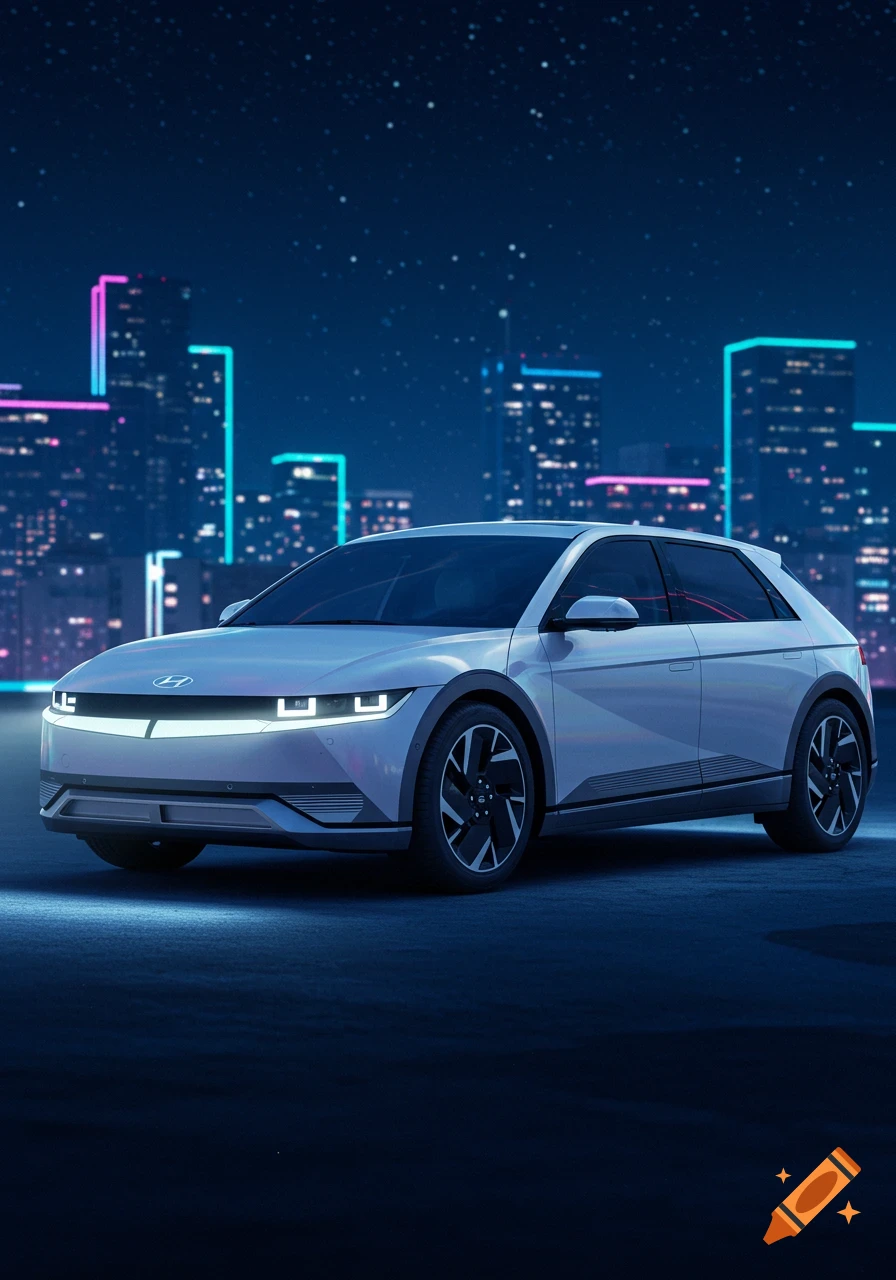 A white Hyundai electric car with glowing headlights parked on a dark city street at night, neon-outlined buildings in background.