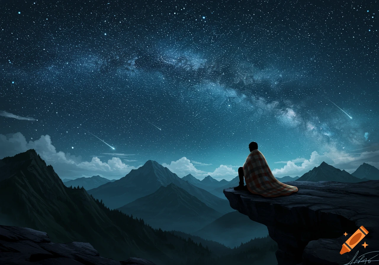 A lone figure wrapped in a blanket sits on a cliff edge, gazing at a vibrant starry night sky with the Milky Way and shooting stars over mountains.