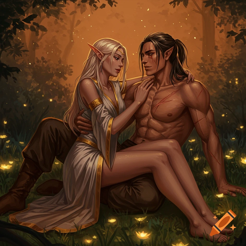 An elf woman in robes sits on the lap of a shirtless, scarred man in a glowing forest at sunset, in an illustrative fantasy style.