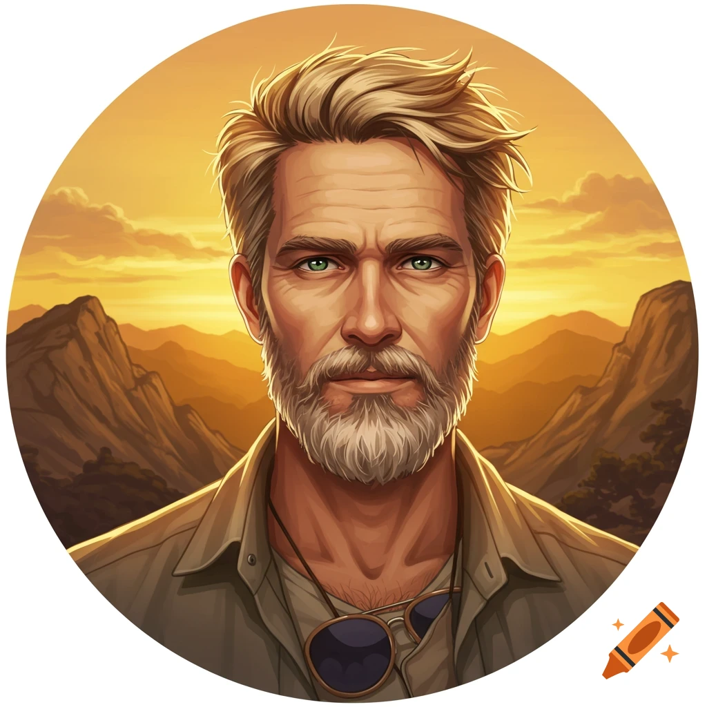 A stylized digital portrait of a middle-aged man with blonde hair and a gray beard, set against a golden sunset over mountains.