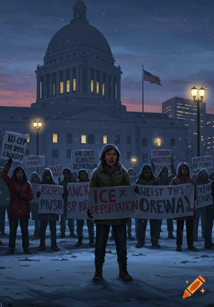 A crowd protests in front of a large government building on a snowy evening, holding signs, one of which prominently reads "ICE DEPORTATION."