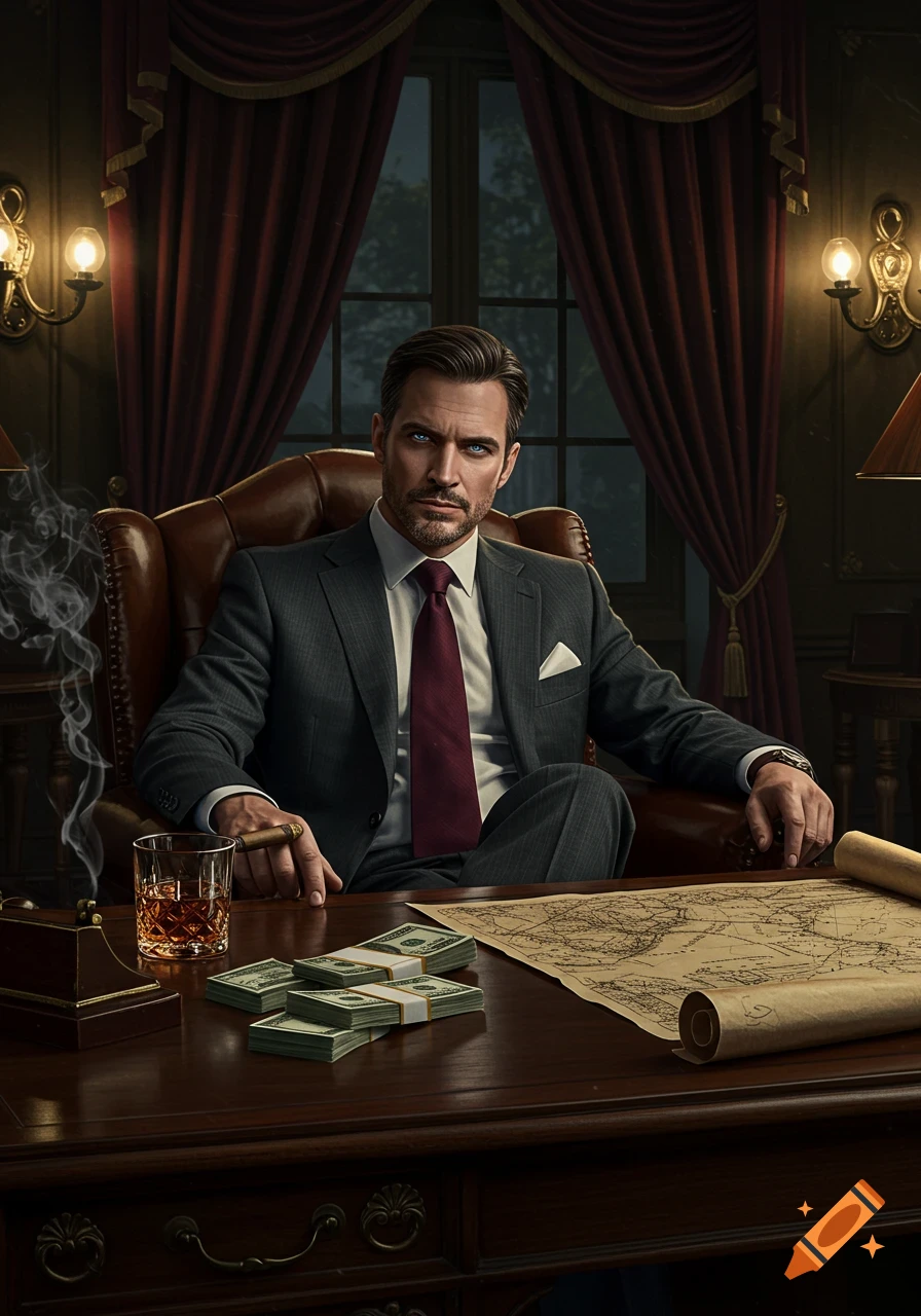 Photorealistic portrait of a serious man in a suit smoking a cigar at a desk with stacks of money, whiskey, and a map in an opulent study.
