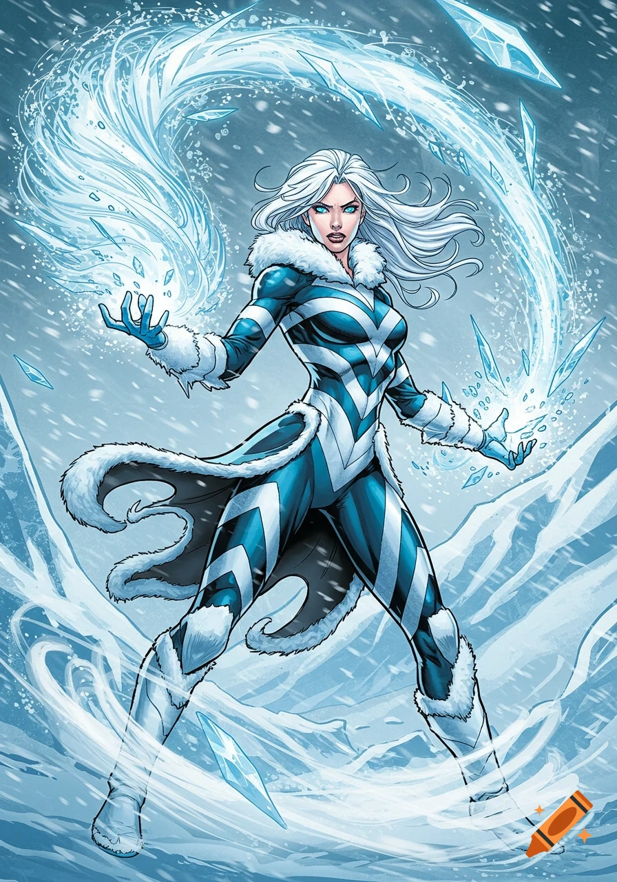 A white-haired woman with blue eyes in a blue and white striped fur-trimmed suit manipulates ice and snow in a comic book style.