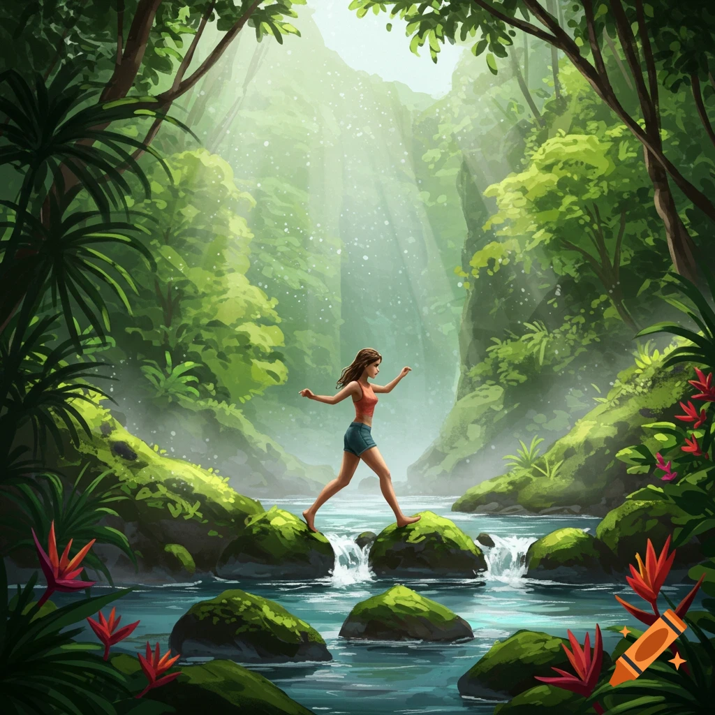 A young woman in shorts carefully steps across mossy rocks in a vibrant, sun-dappled jungle river, illustrated.