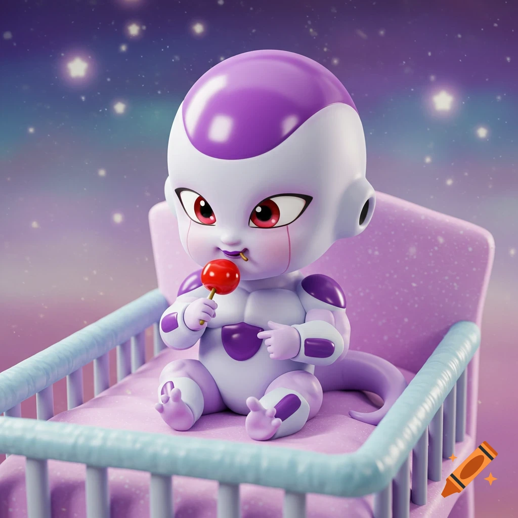 A cute, stylized baby Frieza from Dragon Ball Z sits in a purple crib, eating a red lollipop against a starry background.