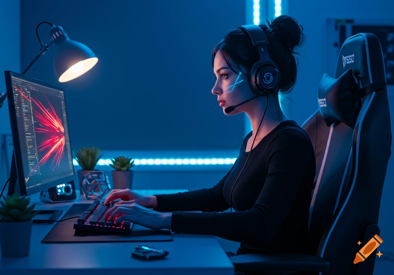 A woman with a headset playing PC games at a glowing keyboard and monitor in a dimly lit, blue-hued room.