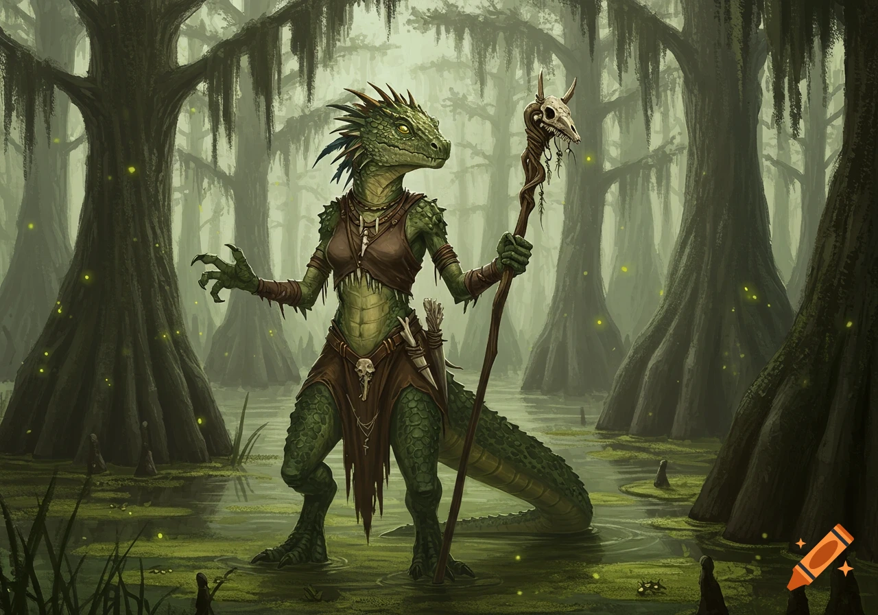 A green lizardfolk shaman stands in a misty swamp, holding a skull-topped staff, surrounded by mossy trees and glowing lights.