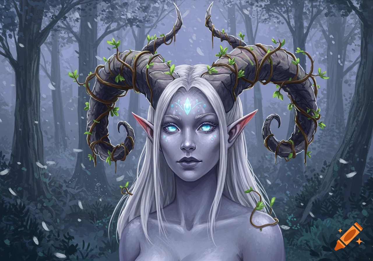A blue-skinned female fantasy character with large horns wrapped in vines and glowing blue eyes in a forest.