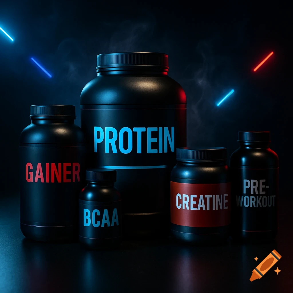 Five black bottles of bodybuilding supplements labeled Protein, Gainer, BCAA, Creatine, and Pre-Workout, on a dark surface with neon lights.