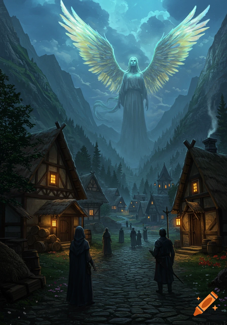 A giant glowing winged figure looms over a dark, medieval fantasy village at dusk, with people on a cobblestone path.