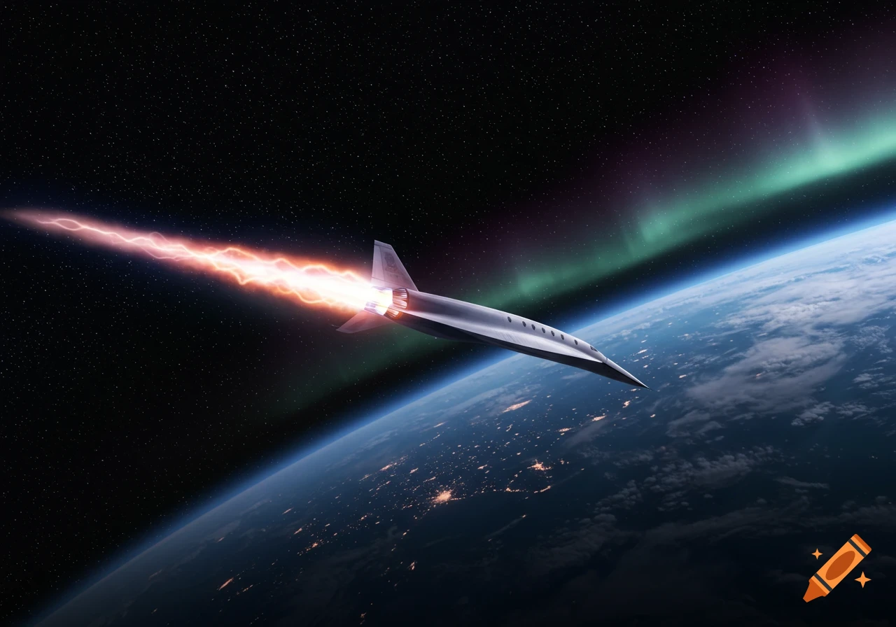 A sleek hypersonic space plane with a fiery exhaust trail flies above Earth, illuminated by city lights and a vibrant aurora borealis against a starry sky.