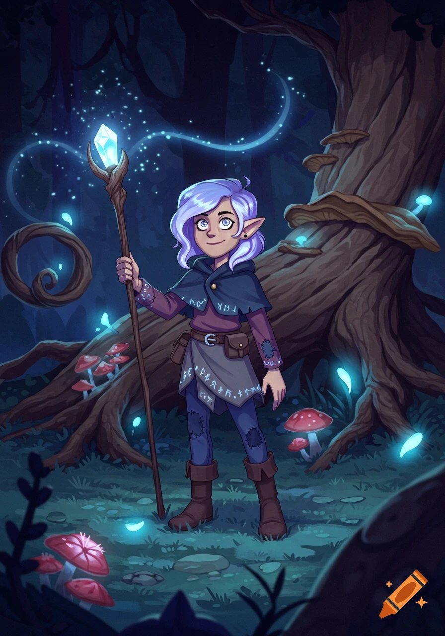 A cartoon illustration of an elf-like character with a glowing crystal staff in a dark, magical forest.