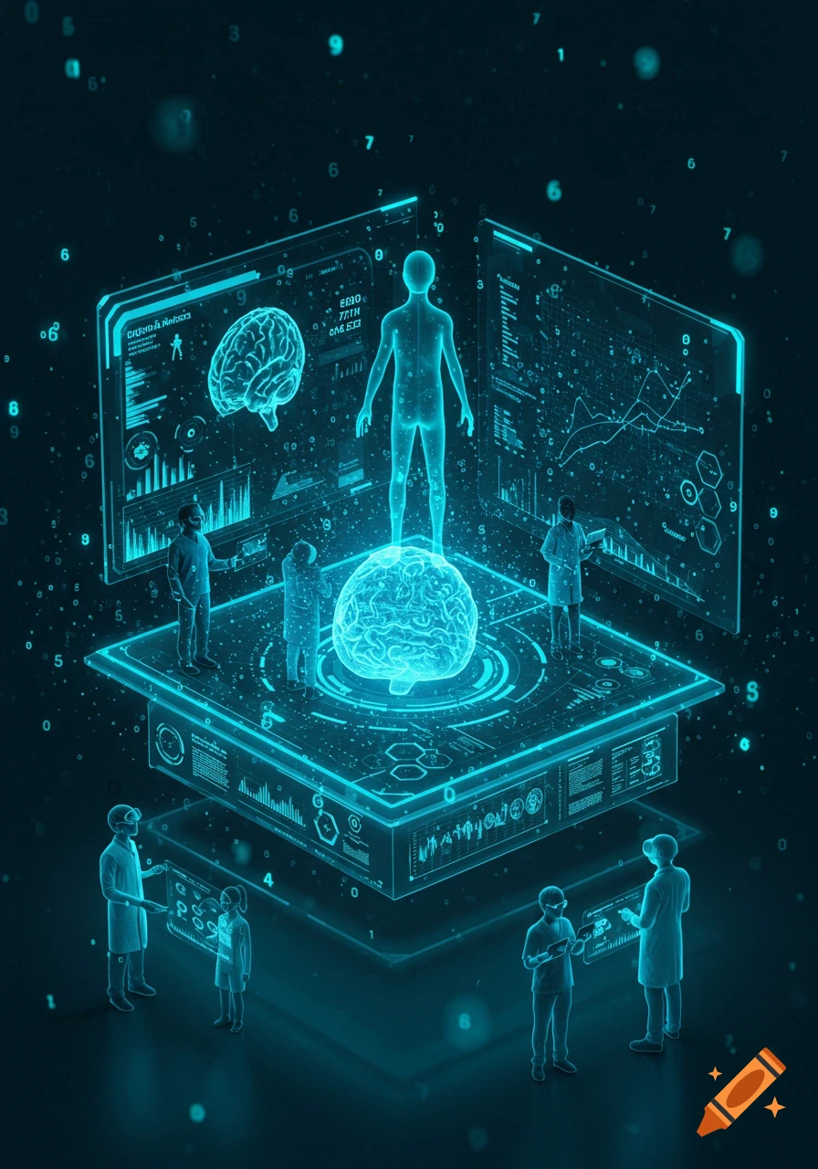 A futuristic digital holographic display of a human and brain surrounded by glowing screens with data, observed by researchers in lab coats.