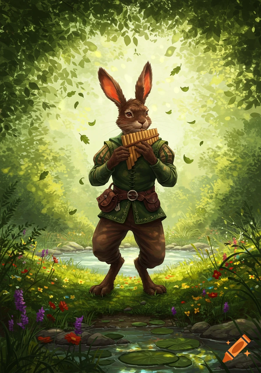 A realistic illustration of a harengon playing a pan flute in a lush green forest with a stream and flowers.
