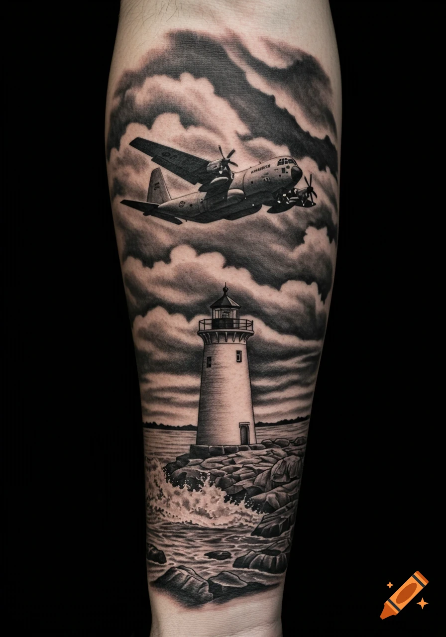 Black and grey realistic tattoo on a forearm featuring a C-130 Hercules aircraft flying above a lighthouse on a rocky shore with crashing waves.