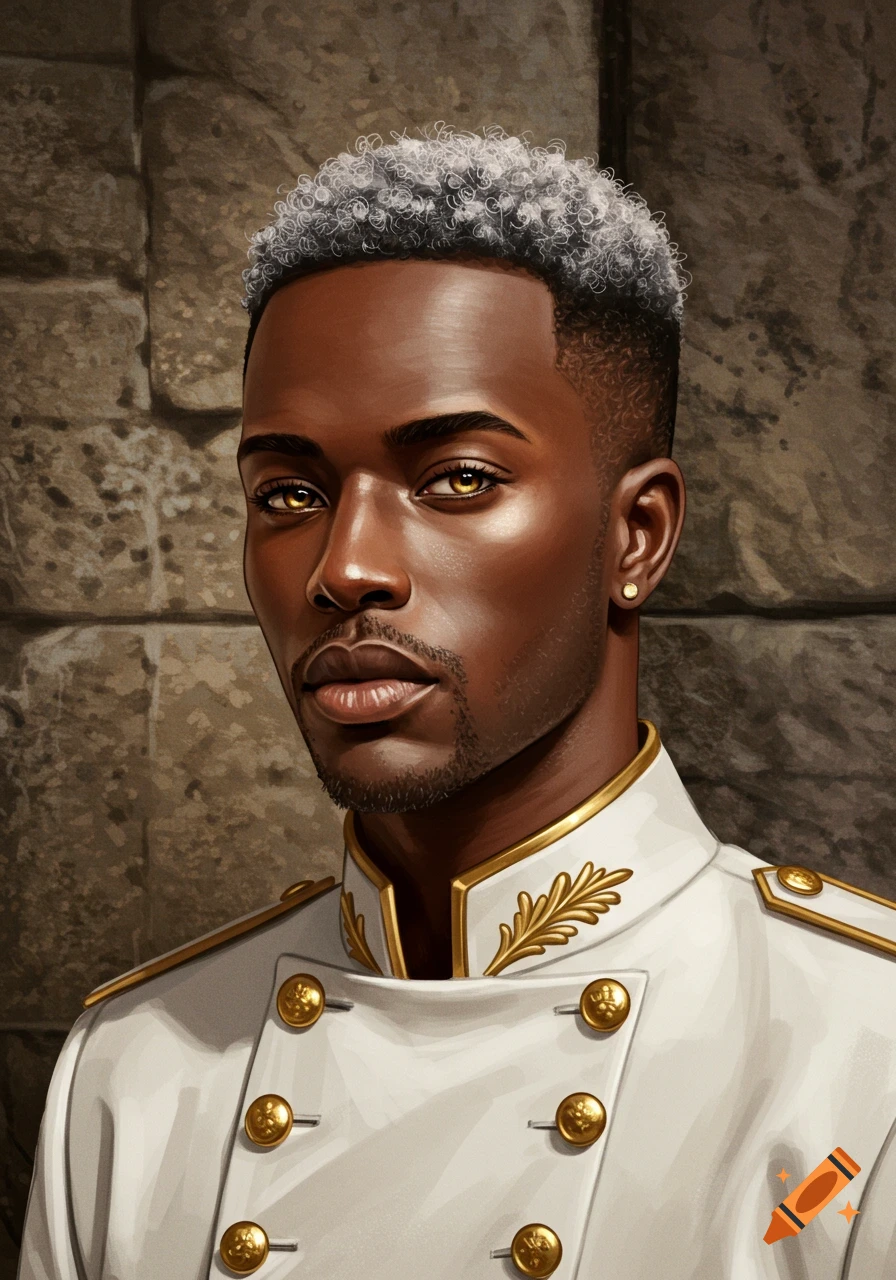 A close-up portrait of a dark-skinned man with white curly hair, golden eyes, and a white military-style jacket with gold trim.
