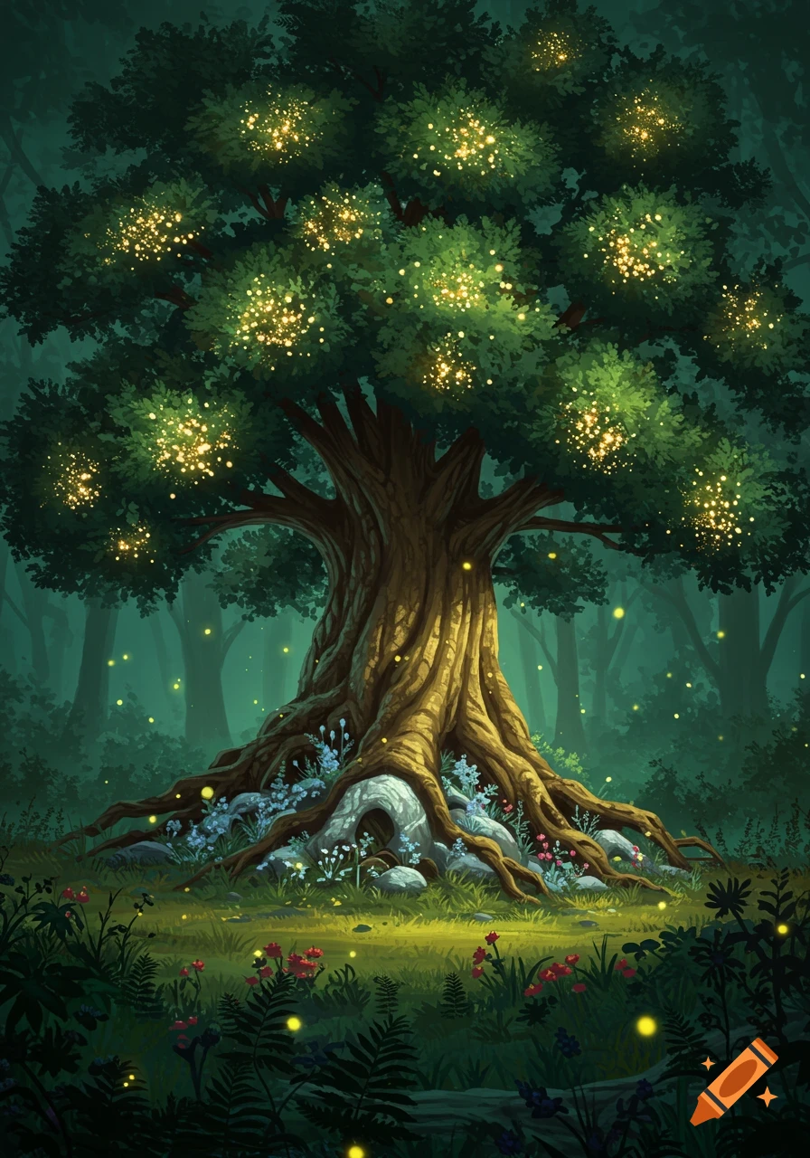 A vibrant illustration of a giant enchanted tree with glowing yellow lights in its leaves, surrounded by prominent roots and forest floor plants.
