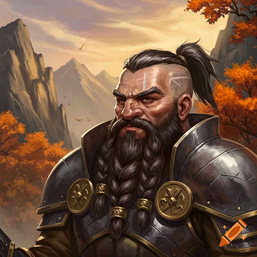 A stern dwarf in ornate armor with a braided beard and ponytail, standing against a mountain range with autumn trees.