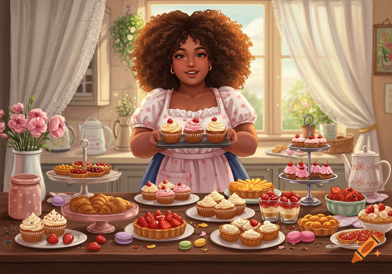 Smiling woman with curly hair holding cupcakes in a bright kitchen full of pastries and desserts, digital art.