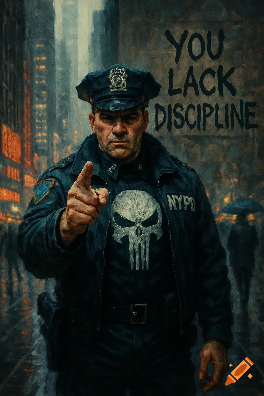 Gritty painting of a police officer in an NYPD uniform and Punisher shirt, pointing at viewer. "YOU LACK DISCIPLINE" text on urban wall.