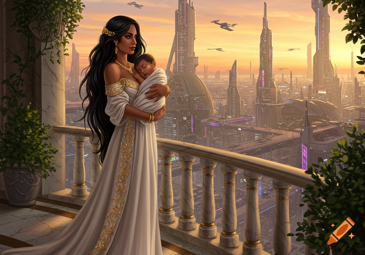 A Latina noblewoman with long black hair holds a baby on a balcony overlooking a detailed futuristic city at sunset, digital art.
