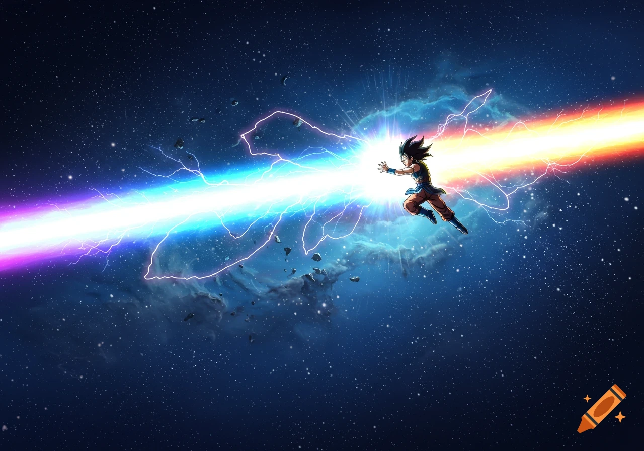 An anime character, reminiscent of Goku, firing a vibrant, destructive energy beam across a starry space background.