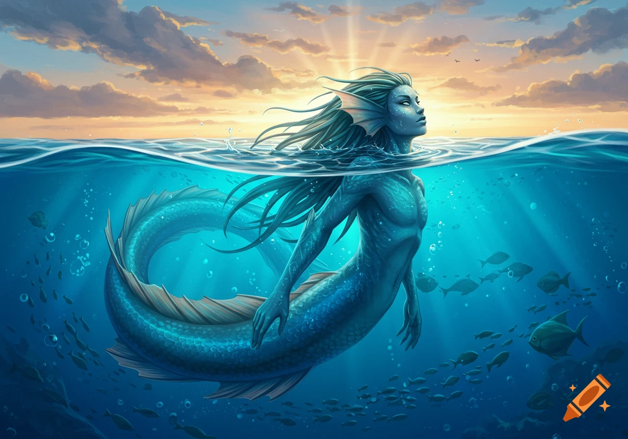 A blue-skinned merman emerges from the ocean at sunset, with light rays piercing the water.