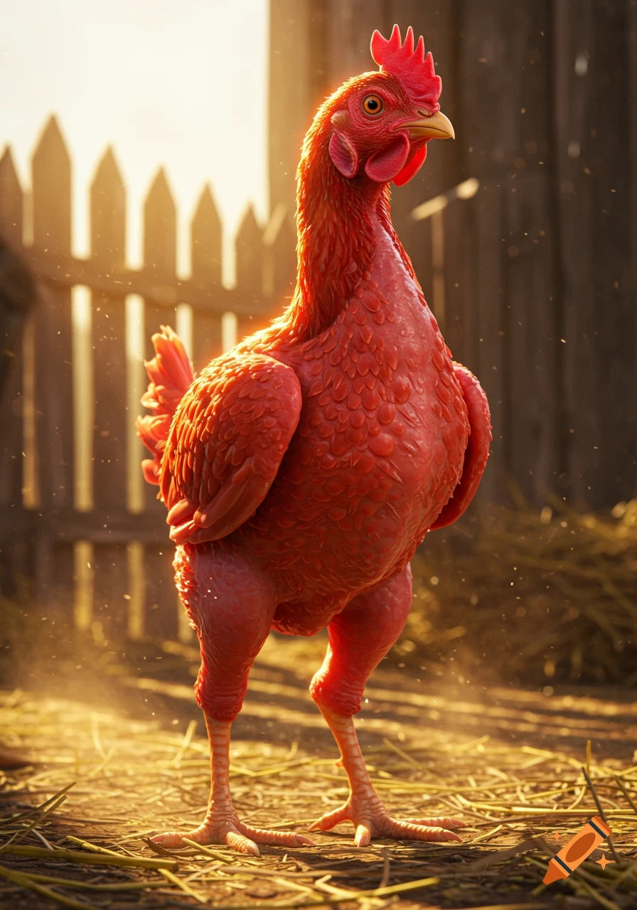 A close-up, photorealistic image of a red, plucked chicken standing in a dusty farmyard with a wooden fence in the background.
