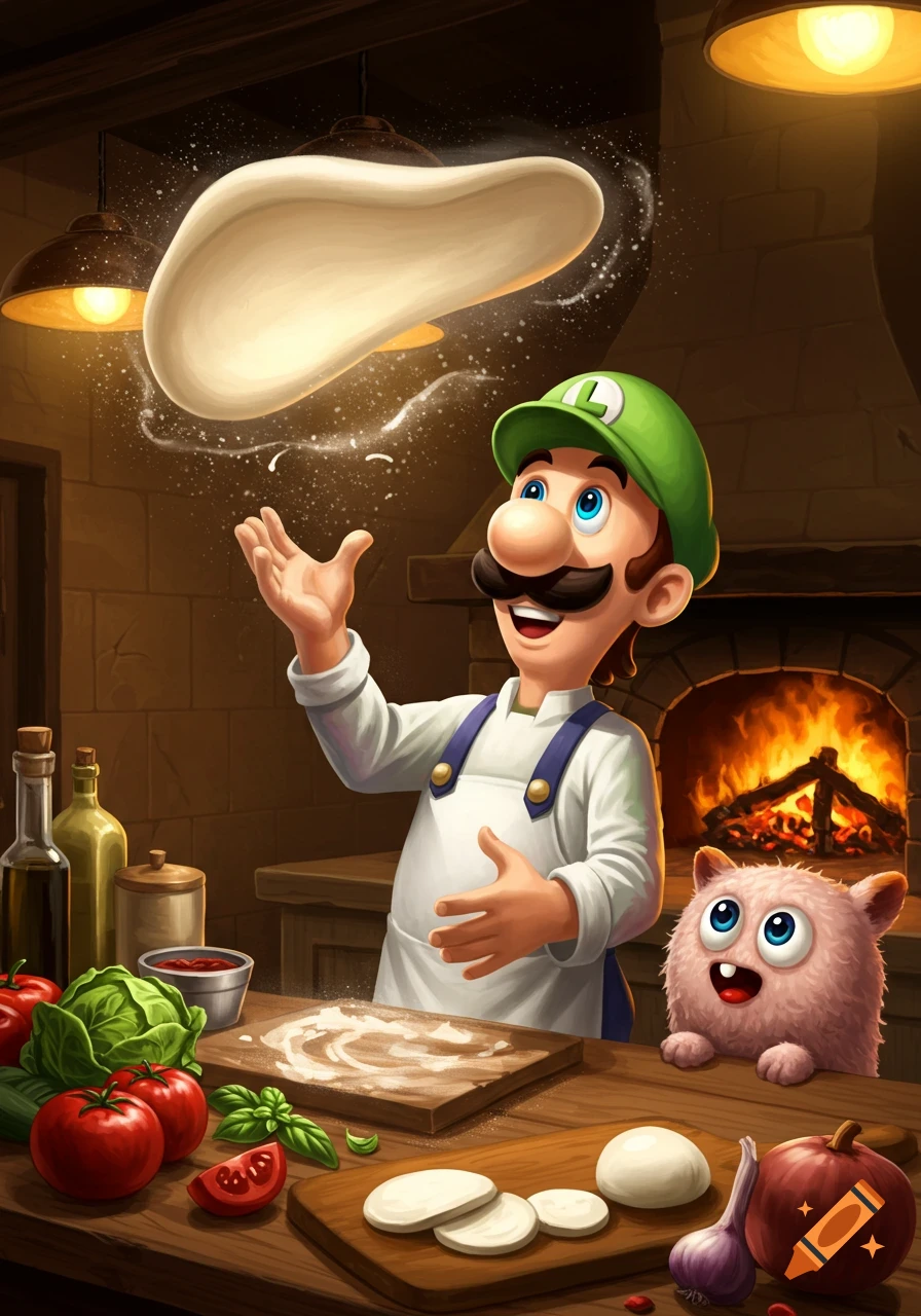 Luigi tosses pizza dough in a rustic kitchen while a fluffy pink monster watches next to a fiery oven.