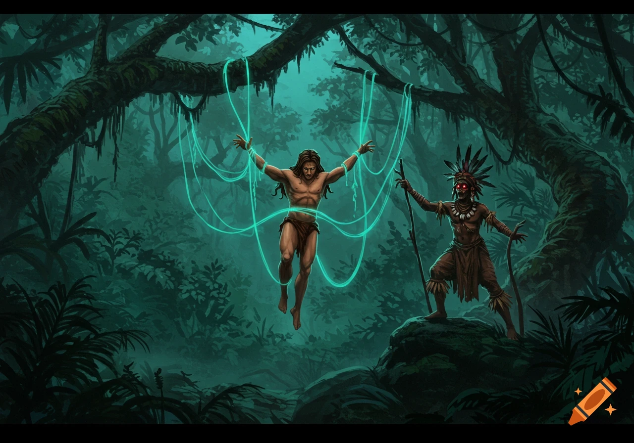 A muscular man suspended by glowing green magical lines in a dark jungle, controlled by a tribal witch doctor with glowing red eyes.