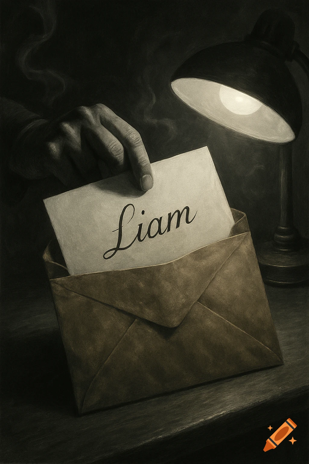 A hand slides a paper with 'Liam' written on it into a manilla envelope under the light of a desk lamp, in a film noir style.