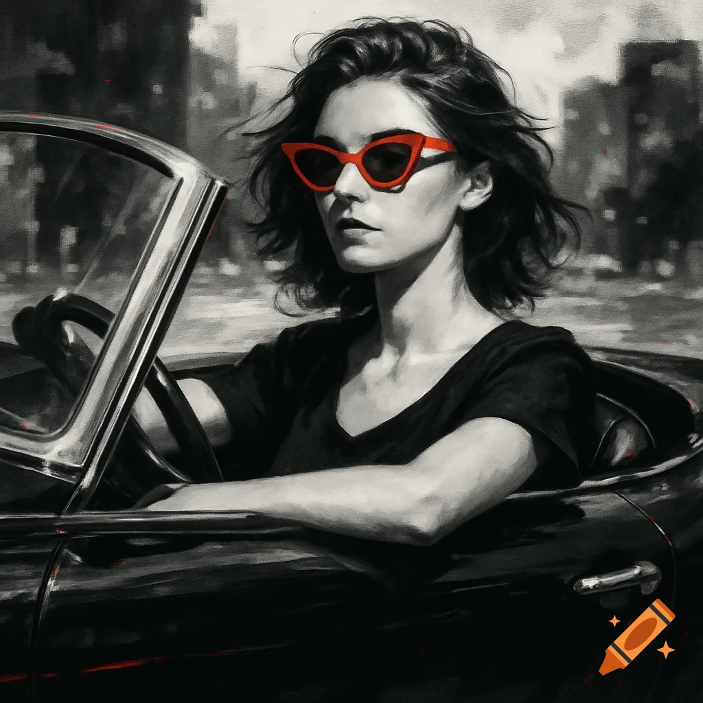 Black and white portrait of a woman with red cat-eye sunglasses driving a convertible car.