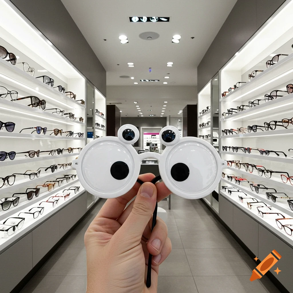 A hand holds white googly eye glasses in front of shelves filled with eyeglasses in a modern, well-lit store.
