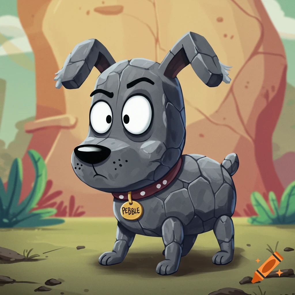 A dark gray cartoon rock-dog with large eyes and a red collar with a yellow 'Pebble' tag stands on grass in a rocky landscape.