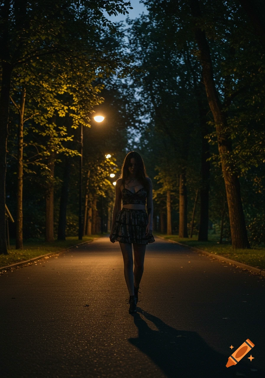 A young woman walks down a dimly lit park path at night, illuminated by streetlights.