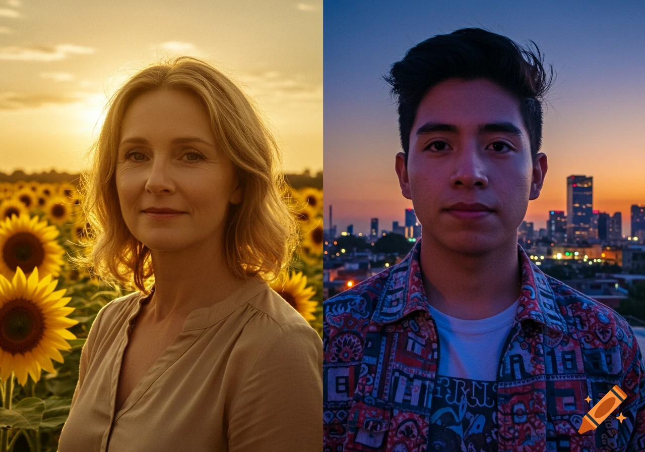 A split image shows a woman in a sunflower field at sunset and a man in front of a city skyline at dusk.