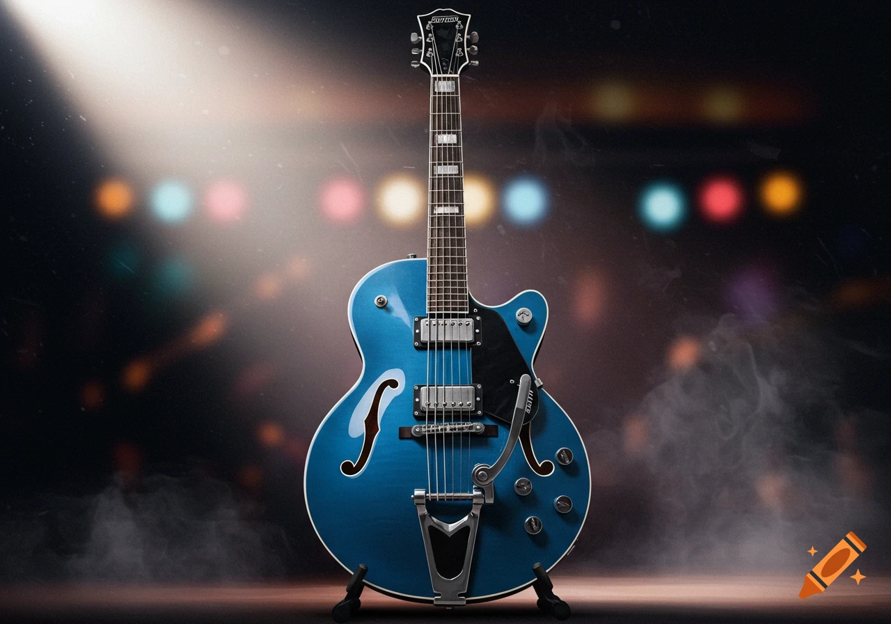 A vibrant blue electric guitar stands on a dark stage, illuminated by bright spotlights, with colorful bokeh lights in the background and smoke rising from the floor.