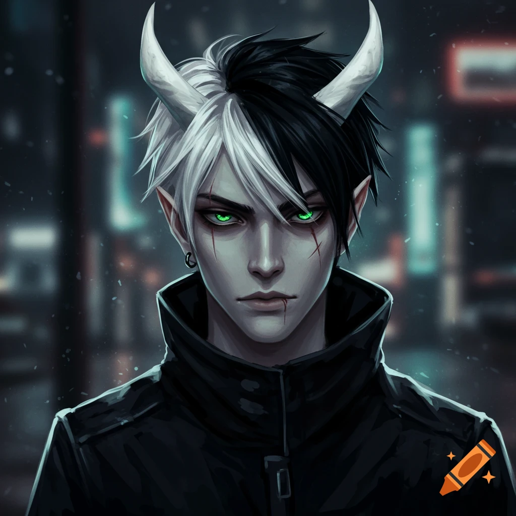 A fantasy character portrait featuring a young person with green glowing eyes, black and white hair, small white horns, and facial scars, wearing a black jacket in a blurry urban night setting.