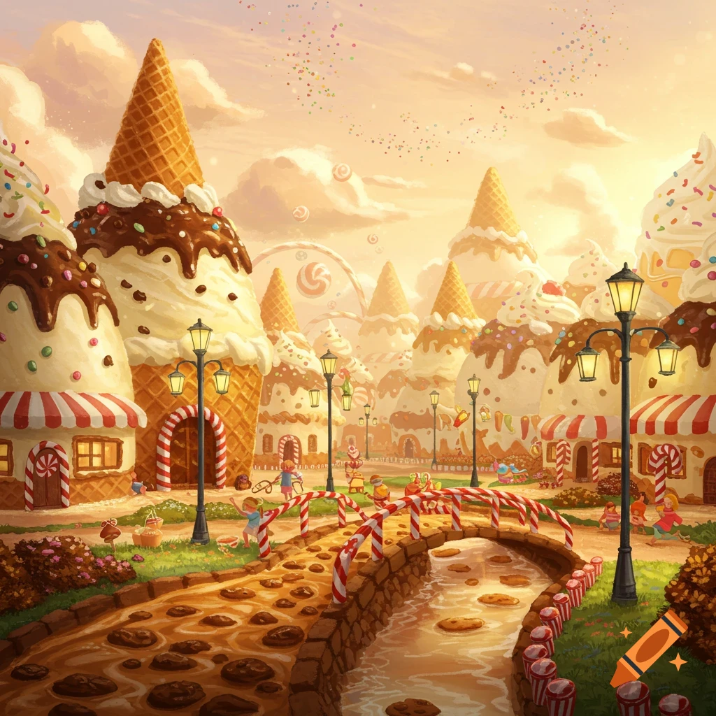 A vibrant, whimsical illustration of a town made of ice cream cones and candy, with chocolate rivers, cookie paths, and children playing.